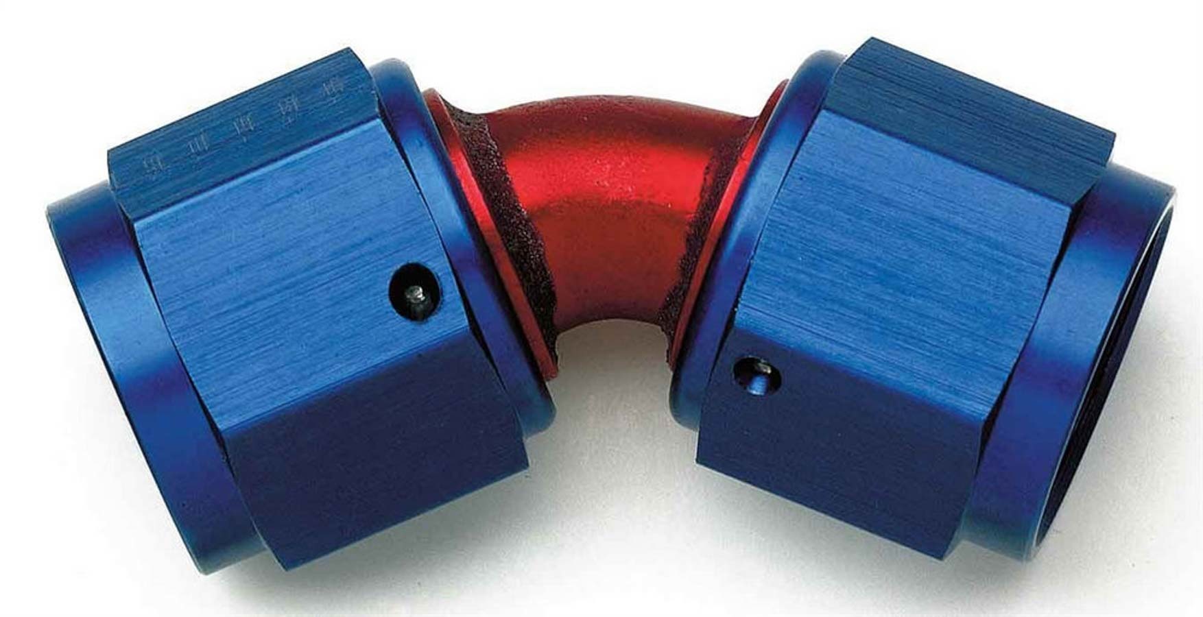 Aeroquip Fitting - Adapter - 45 Degree - 10 AN Female Swivel to 10 AN Female Swivel - Aluminum - Blue / Red Anodized -