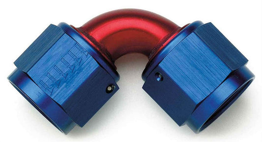 Aeroquip Fitting - Adapter - 90 Degree - 8 AN Female Swivel to 8 AN Female Swivel - Aluminum - Blue / Red Anodized -