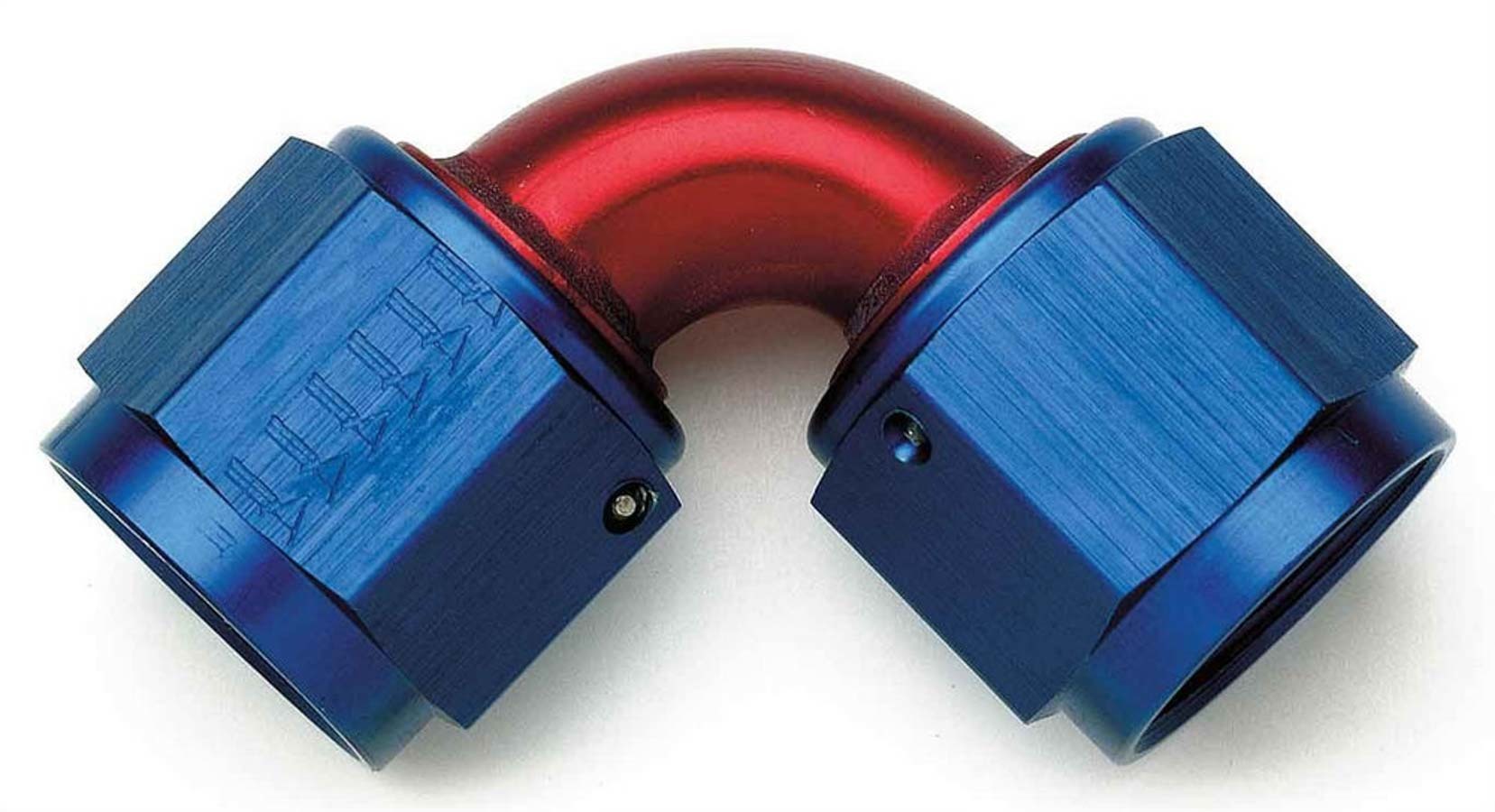 Aeroquip Fitting - Adapter - 90 Degree - 10 AN Female Swivel to 10 AN Female Swivel - Aluminum - Blue / Red Anodized -