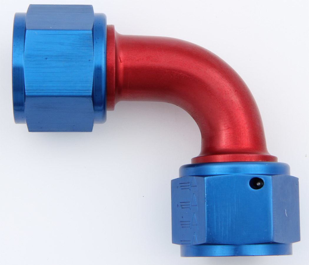 Aeroquip Fitting - Adapter - 90 Degree - 12 AN Female Swivel to 12 AN Female Swivel - Aluminum - Blue / Red Anodized -