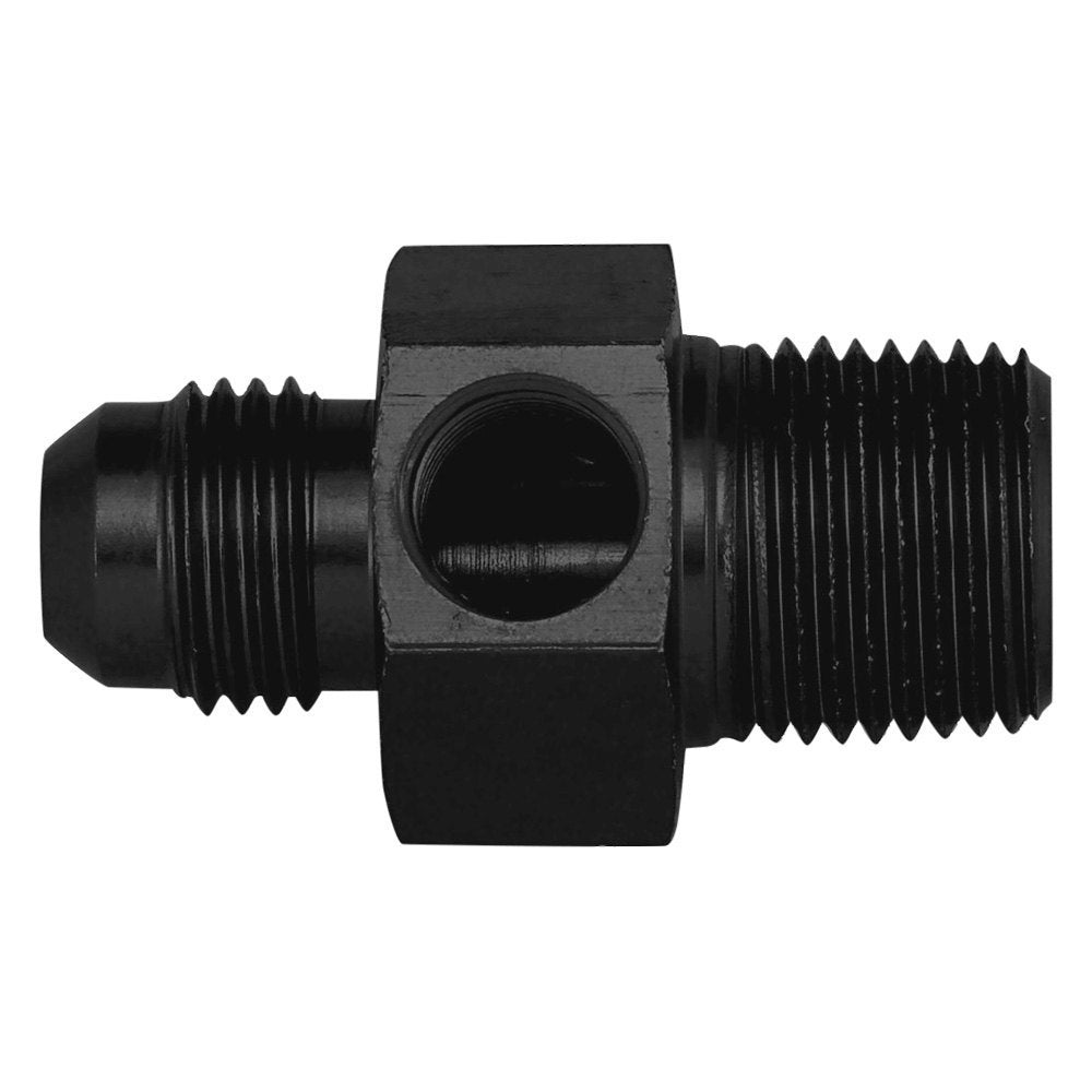 Aeroquip Fitting - Gauge Adapter - Straight - 6 AN Male to 3/8 in NPT Male - 1/8 in NPT Gauge Port - Aluminum - Black