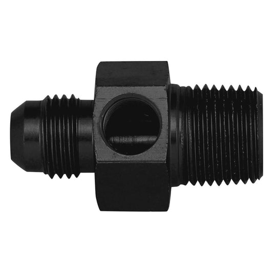 Aeroquip Fitting - Gauge Adapter - Straight - 6 AN Male to 3/8 in NPT Male - 1/8 in NPT Gauge Port - Aluminum - Black