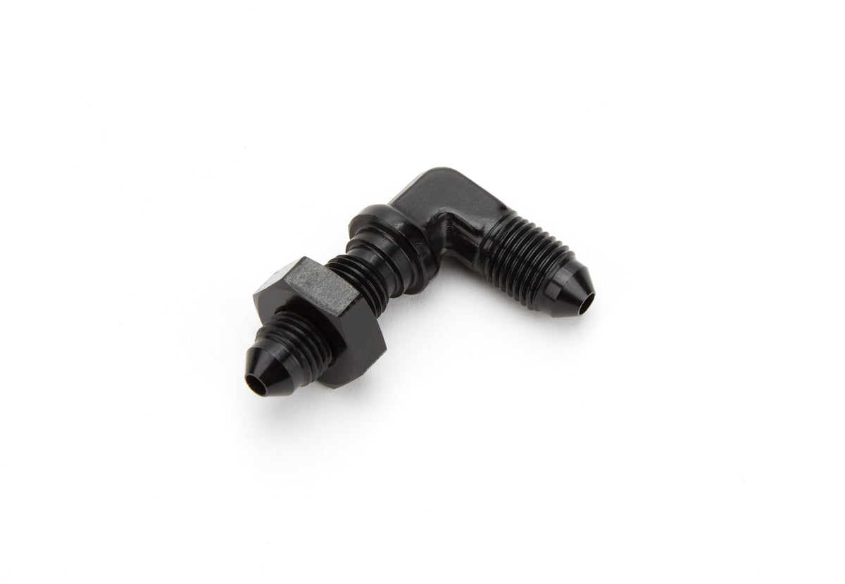 Aeroquip Fitting - Bulkhead - 90 Degree - 3 AN Male to 3 AN Male Bulkhead - Aluminum - Black Anodized - Each