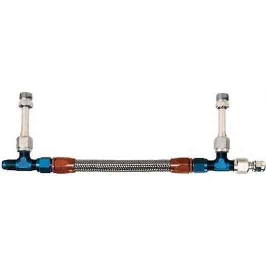 Aeroquip Carburetor Fuel Line - 6 AN Male Inlet - Dual 9/16-24 in Male Outlets - Braided Stainless Hose - Blue / Red /