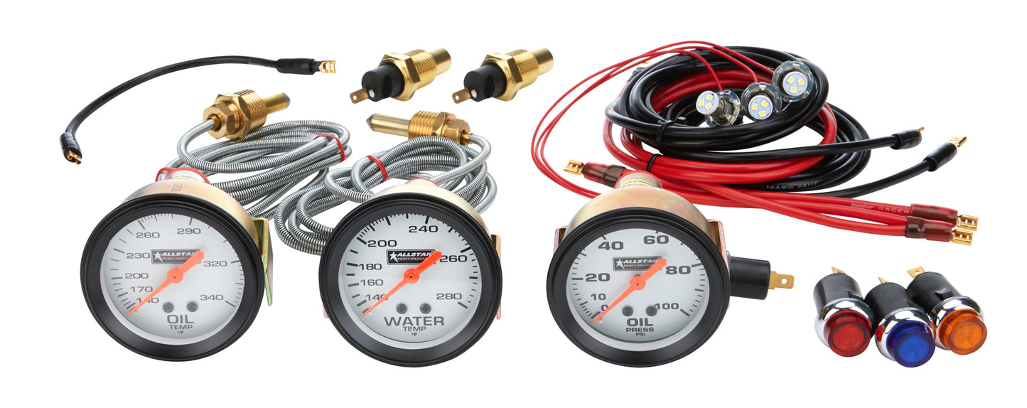 Allstar Performance Gauge Kit - Oil Pressure / Water Temperature / Oil Temperature - 2-5/8 in Diameter - White Face -