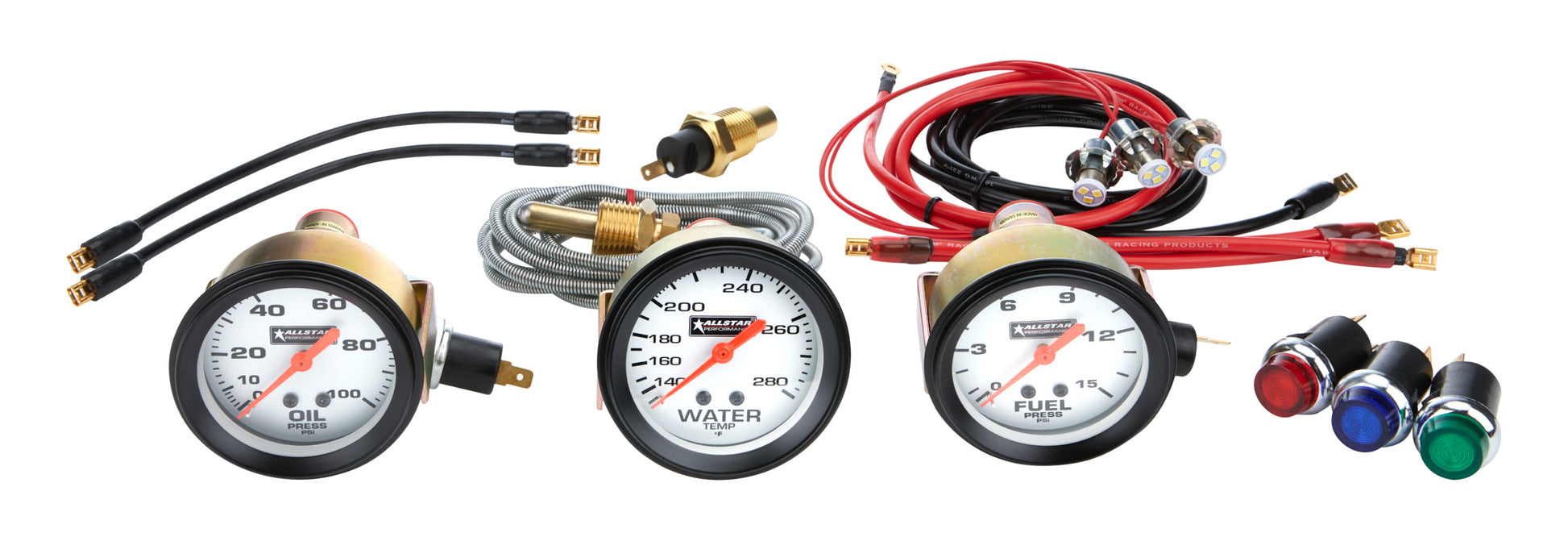 Allstar Performance Gauge Kit - Oil Pressure / Water Temperature / Fuel Pressure - 2-5/8 in Diameter - White Face -