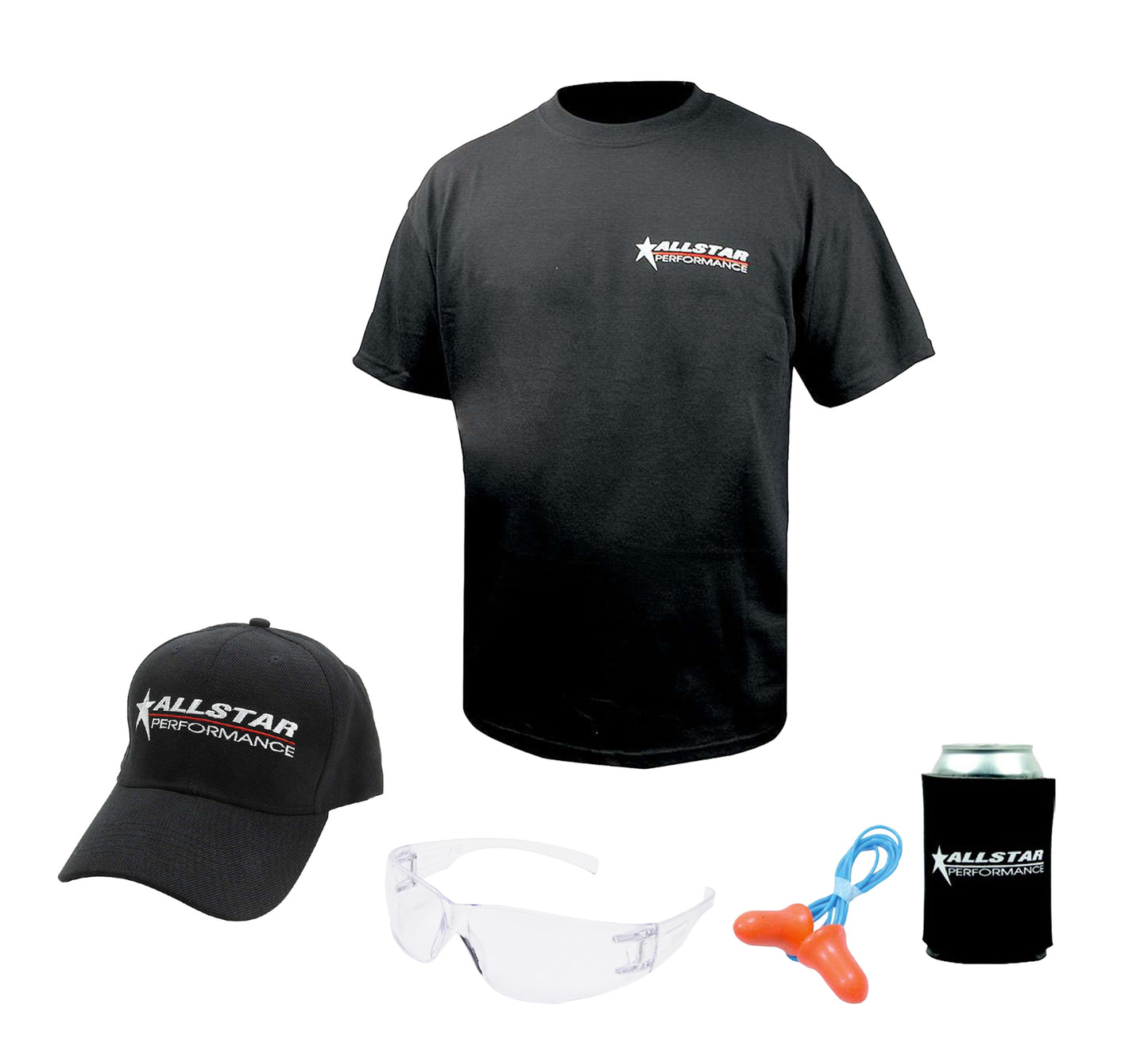 Allstar Performance T-Shirt - Allstar Logo - Hat / Safety Glasses / Ear Plugs / Koozie Included - Black - Medium - Kit
