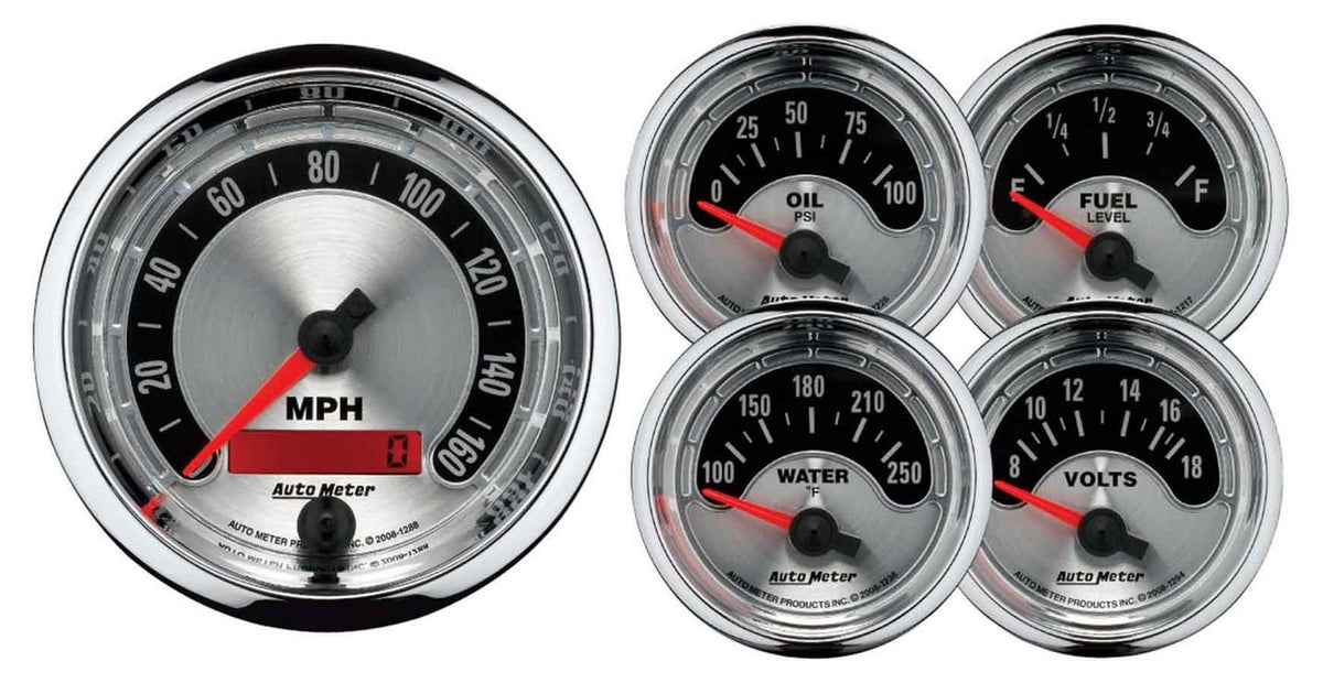 Autometer Gauge Kit - American Muscle - Analog - Fuel Level / Oil Pressure / Speedometer / Voltmeter / Water