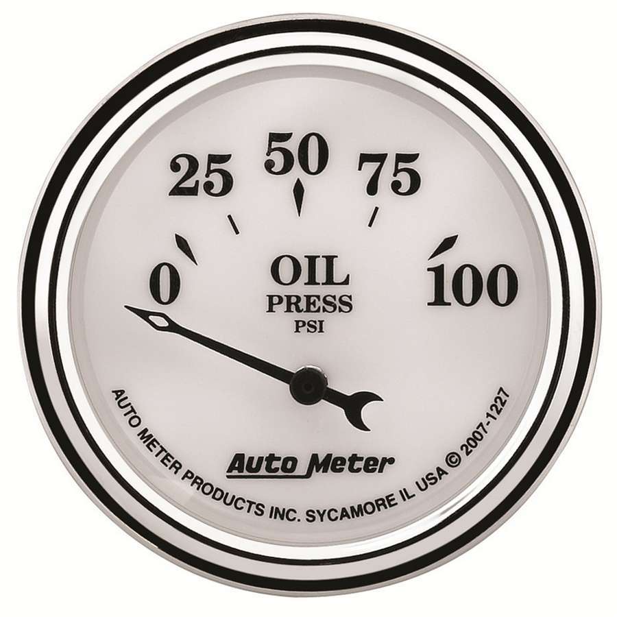 Autometer Oil Pressure Gauge - Old Tyme White II - 0-100 psi - Electric - Analog - Short Sweep - 2-1/16 in Diameter -