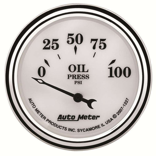 Autometer Oil Pressure Gauge - Old Tyme White II - 0-100 psi - Electric - Analog - Short Sweep - 2-1/16 in Diameter -