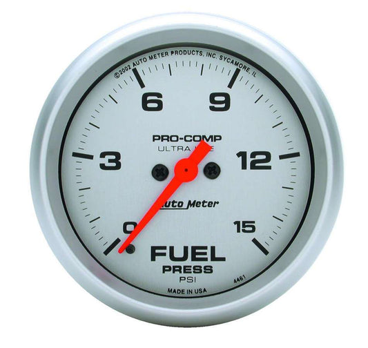 Autometer Fuel Pressure Gauge - Ultra-Lite - 0-15 psi - Electric - Analog - Full Sweep - 2-5/8 in Diameter - Silver