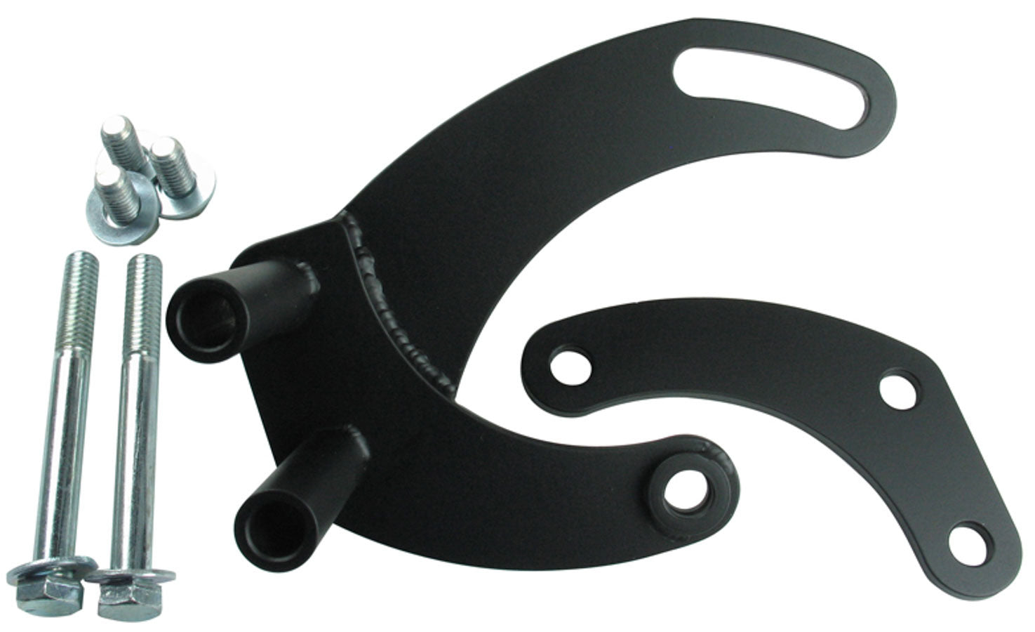 Borgeson Power Steering Pump Bracket - Driver Side - Block Mount - Steel - Black Paint - Saginaw Pump - Short Water