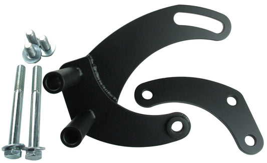 Borgeson Power Steering Pump Bracket - Driver Side - Block Mount - Steel - Black Paint - Saginaw Pump - Short Water