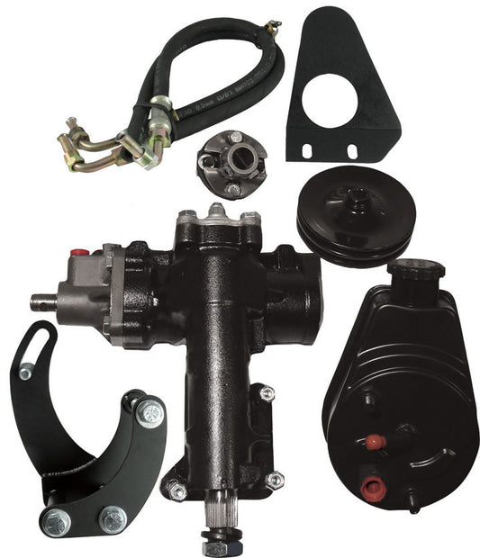 Borgeson Steering Box - Power - 14 to 1 Ratio - Brackets / Joints / Lines / Pulley / Pump - Iron - Short Water Pump -