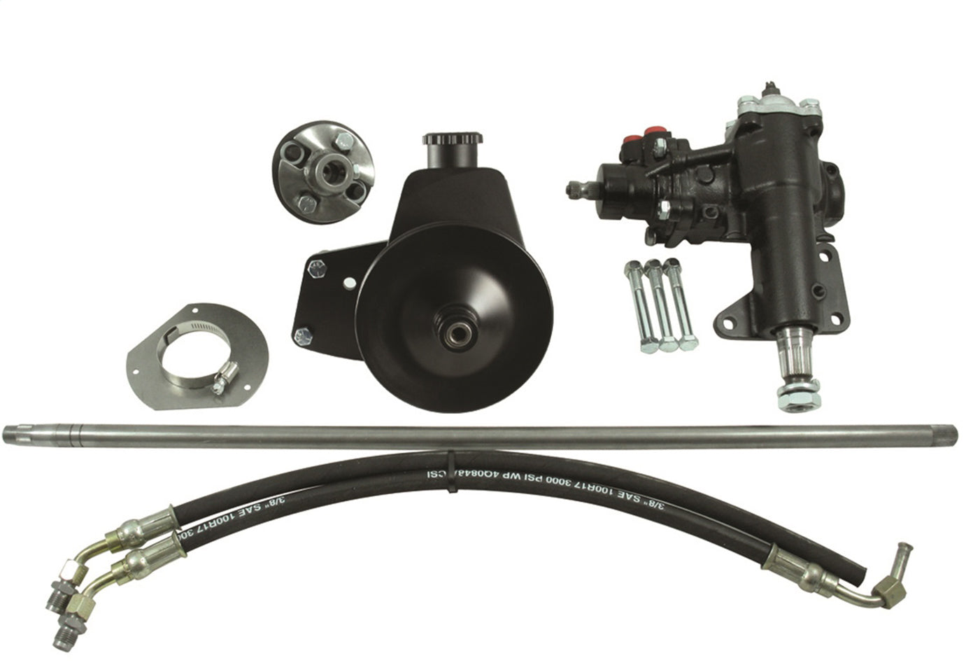 Borgeson Steering Box - Power - 14 to 1 Ratio - Brackets / Joints / Lines / Pump - Iron - Small Block Ford - Ford