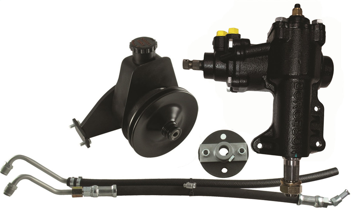 Borgeson Steering Box - Power - 14 to 1 Ratio - Brackets / Joints / Lines / Pump - Iron - With Factory Manual Steering