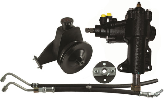 Borgeson Steering Box - Power - 14 to 1 Ratio - Brackets / Joints / Lines / Pump - Iron - With Factory Manual Steering