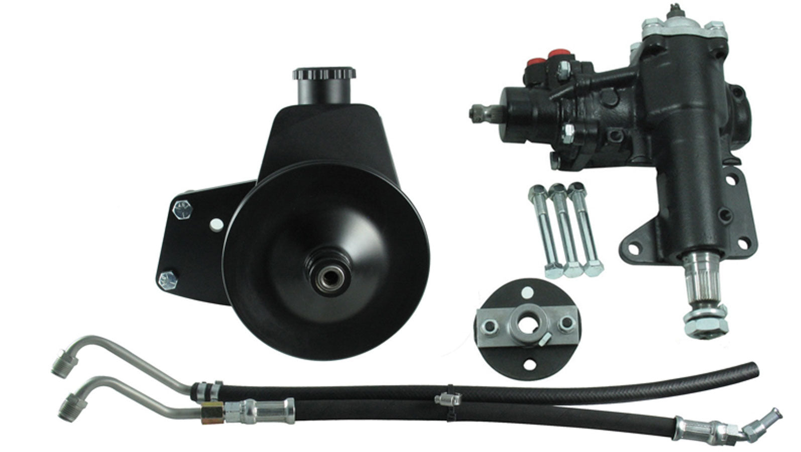 Borgeson Steering Box - Power - 14 to 1 Ratio - 1-1/8 in Sector Shaft - Brackets / Joints / Lines / Pump - Iron -