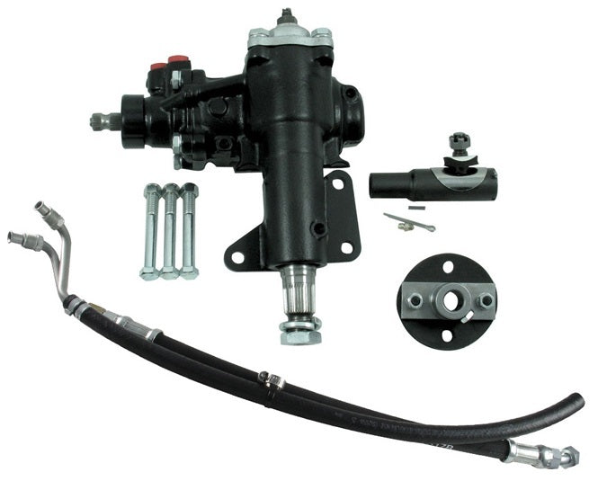 Borgeson Steering Box - Power - 14 to 1 Ratio - 1-1/8 in Sector Shaft - Joints / Lines - Iron - Black Paint - Ford /