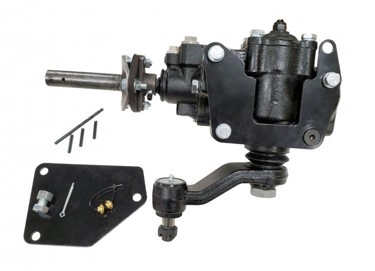 Borgeson Steering Box - Power - 12.7 to 1 Ratio - 1-1/4 in Pitman Shaft - Brackets - Pitman Arm Included - Iron -