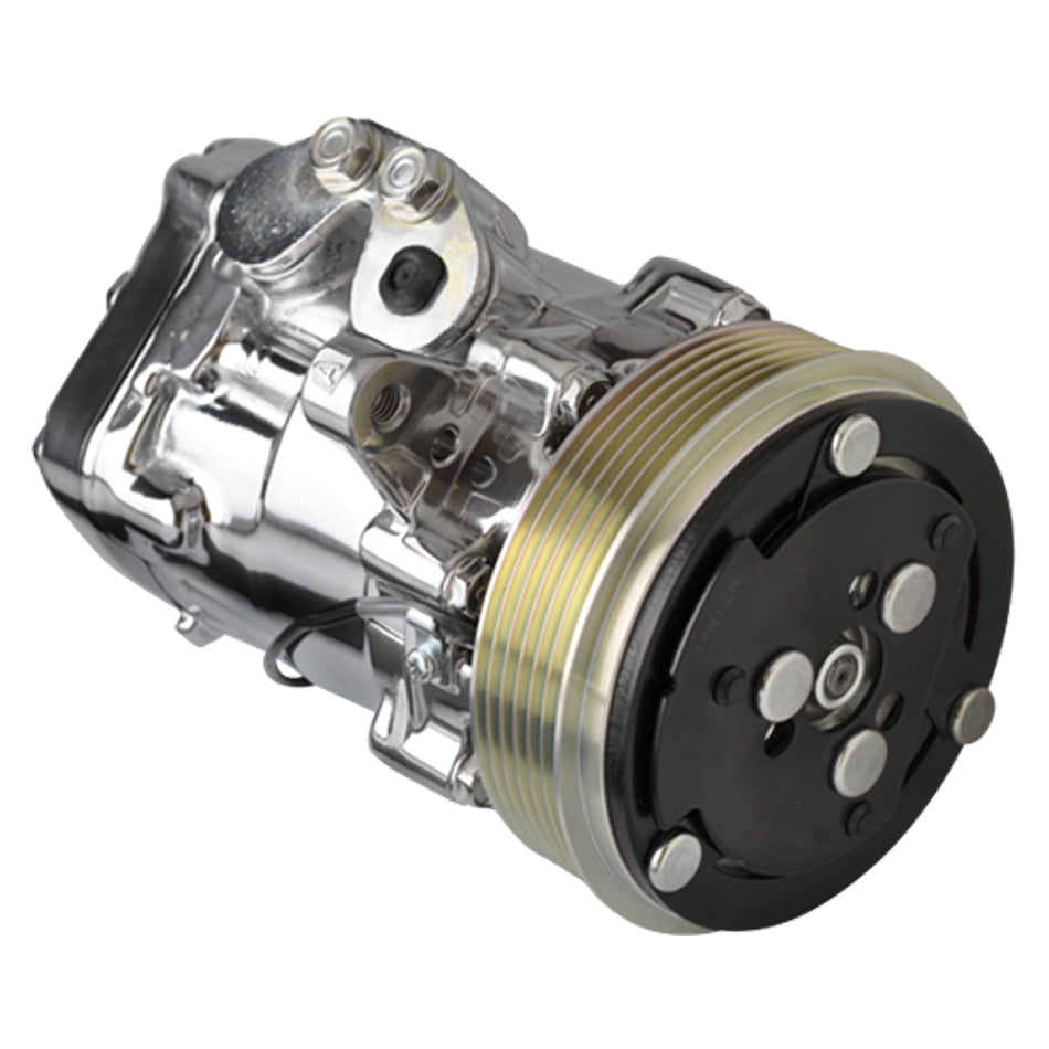 Billet Specialties Air Conditioning Compressor - Sanden SD-7 - 6-Rib Serpentine Pulley - Polished - Tru Trac Systems -