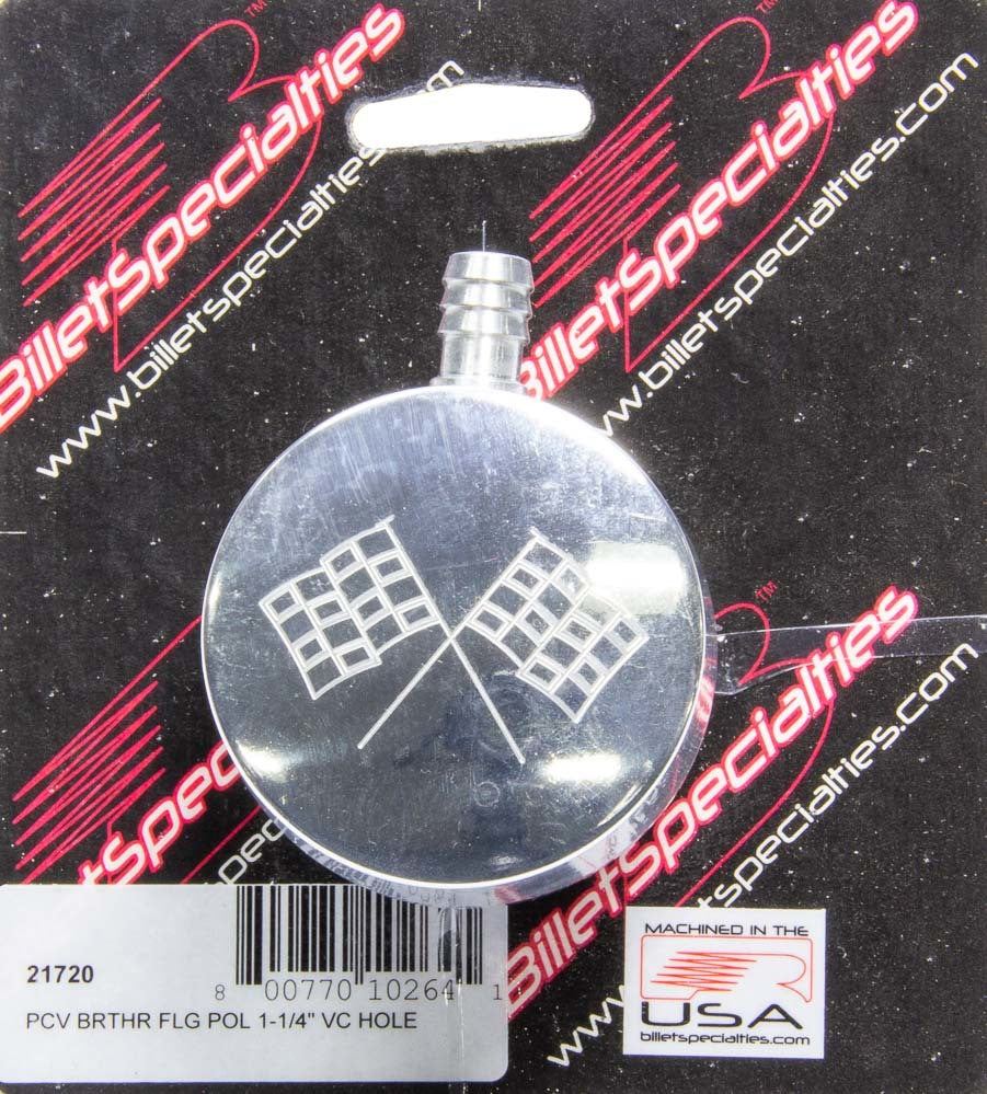 Billet Specialties Breather - Push-In - Round - 1-1/4 in Hole - PCV - 3/8 in Hose Evacuation Fitting - Cross Flags -