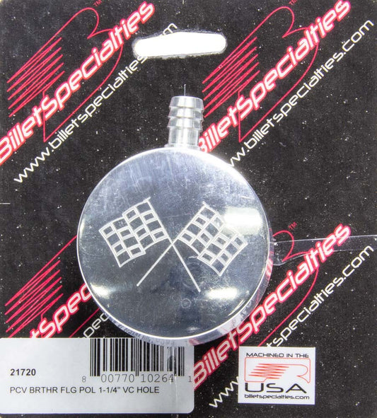 Billet Specialties Breather - Push-In - Round - 1-1/4 in Hole - PCV - 3/8 in Hose Evacuation Fitting - Cross Flags -