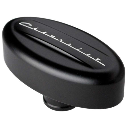 Billet Specialties Breather - Push-In - Oval - 1-1/4 in Hole - Chevrolet Logo - Aluminum - Black Anodized - Each