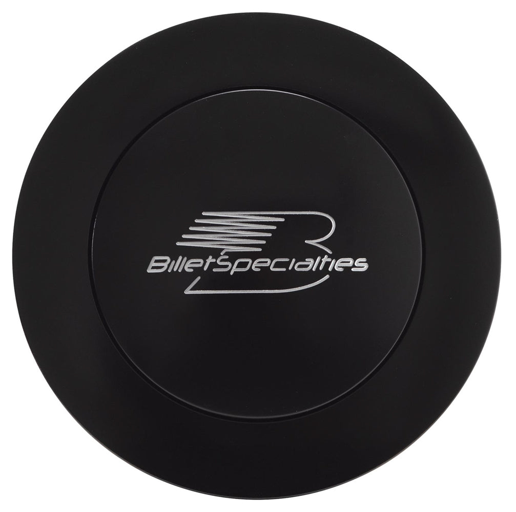 Billet Specialties Horn Button - Large - Natural Billet Specialties Logo - Aluminum - Black Anodized - 9-Bolt Steering