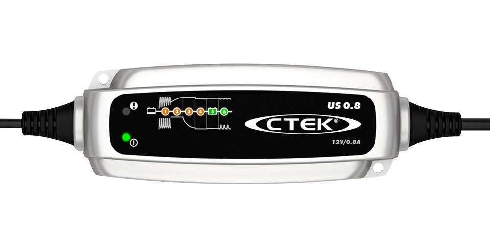 Ctek Battery Charger - US 0.8 - Lead Acid / AGM - 12V - 0.8 amps - Indicator Lights - 6 Step Charging Program - Splash