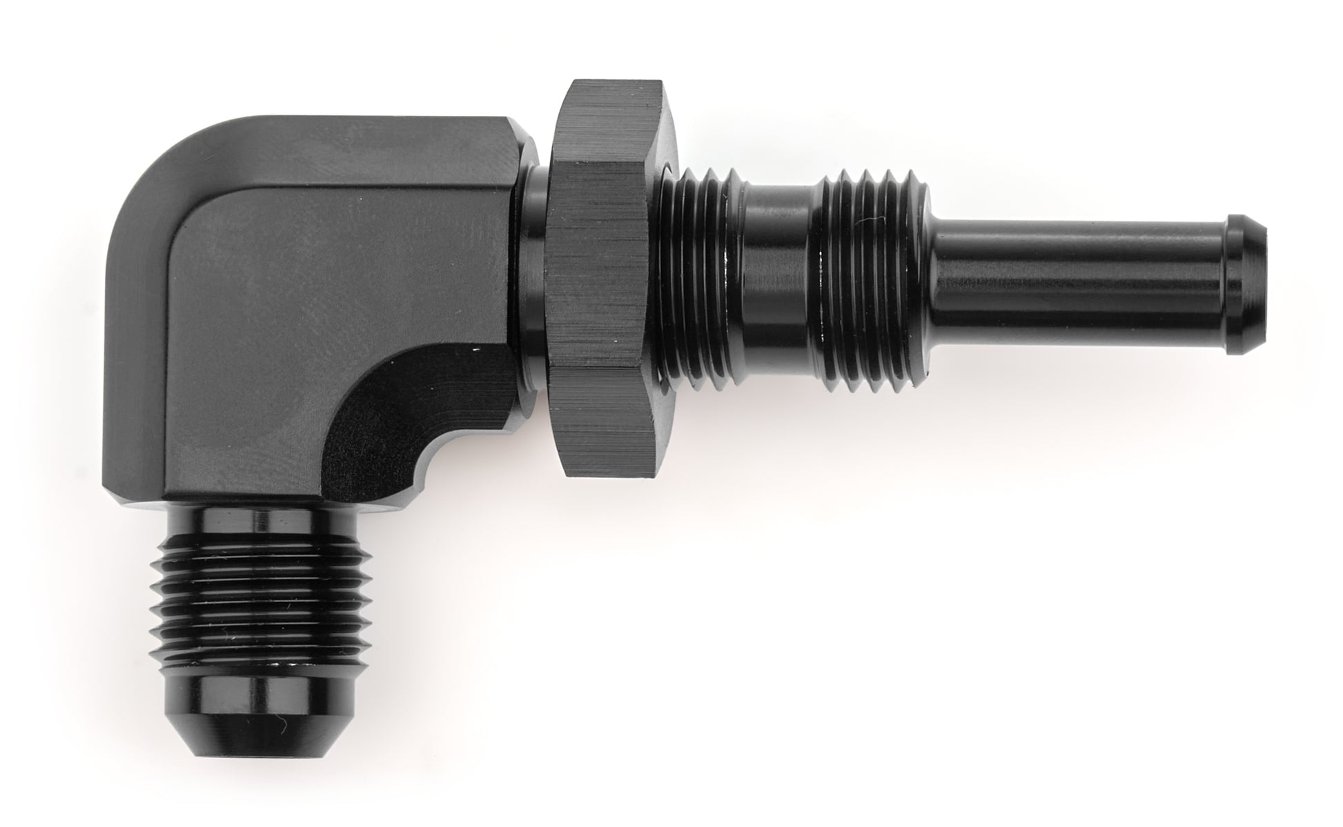 Deatschwerks Fitting - Bulkhead - 90 Degree - 6 AN Male to 5/16 in Hose Barb Bulkhead - Aluminum - Black Anodized - Each