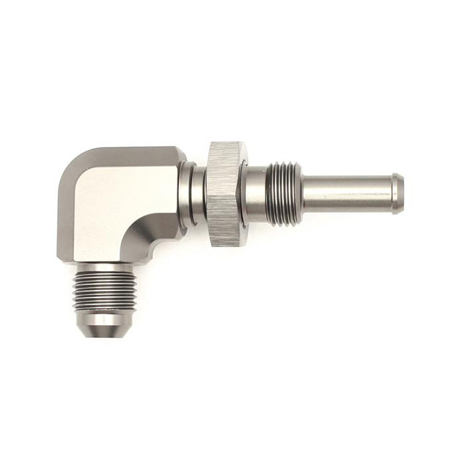 Deatschwerks Fitting - Bulkhead - 90 Degree - 6 AN Male to 5/16 in Hose Barb Bulkhead - Aluminum - Titanium Anodized -