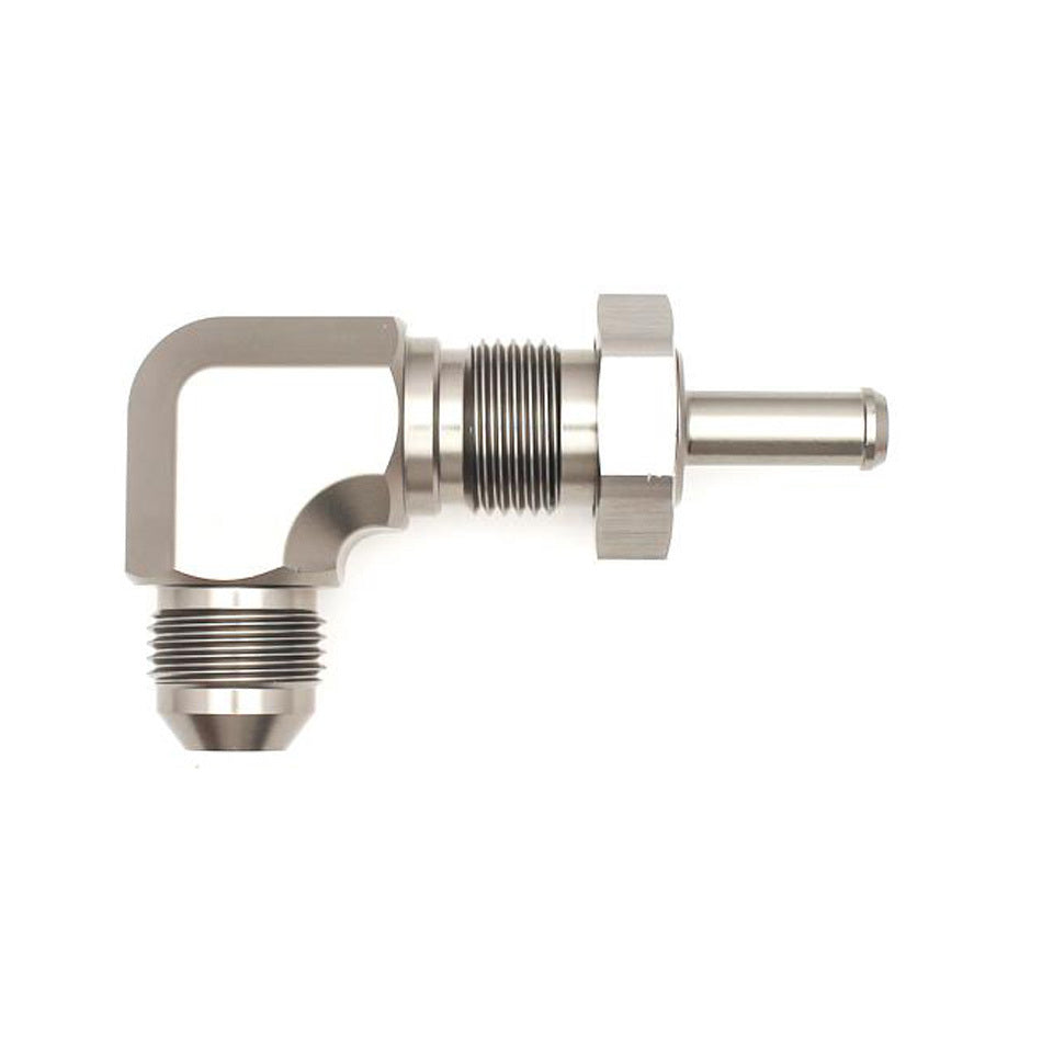 Deatschwerks Fitting - Bulkhead - 90 Degree - 8 AN Male to 5/16 in Hose Barb Bulkhead - Aluminum - Titanium Anodized -