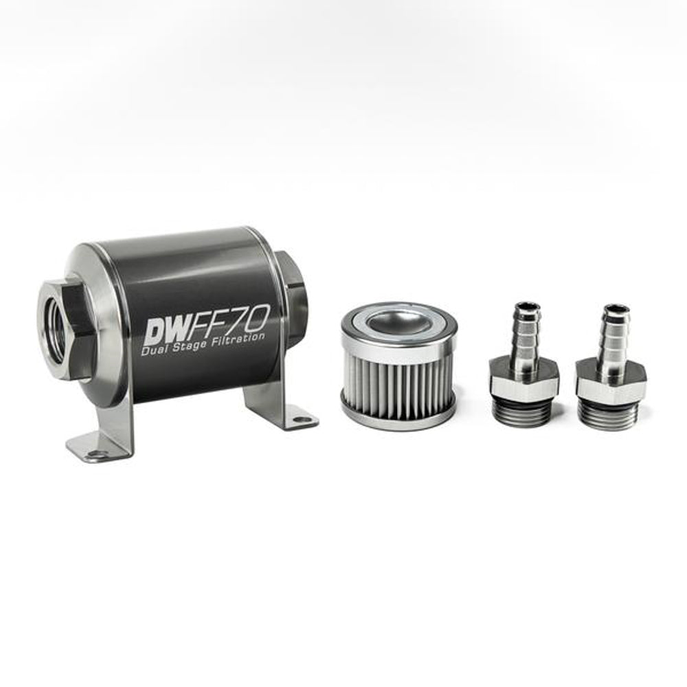 Deatschwerks Fuel Filter - In-Line - 10 Micron - Stainless Element - 3/8 in Male Hose Barb Inlet - 3/8 in Male Hose