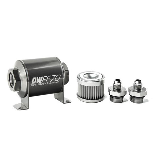 Deatschwerks Fuel Filter - In-Line - 10 Micron - Stainless Element - 6 AN Male Inlet - 6 AN Male Outlet - 70 mm Long -