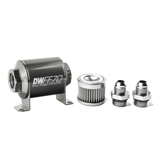 Deatschwerks Fuel Filter - In-Line - 10 Micron - Stainless Element - 8 AN Male Inlet - 8 AN Male Outlet - 70 mm Long -