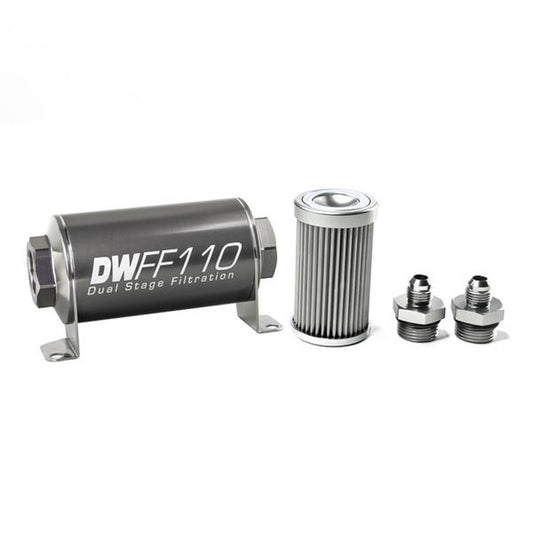 Deatschwerks Fuel Filter - In-Line - 10 Micron - Stainless Element - 6 AN Male Inlet - 6 AN Male Outlet - 110 mm Long