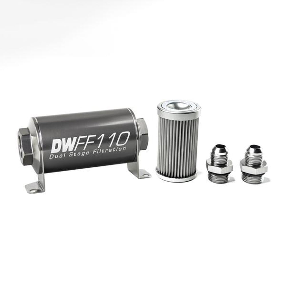 Deatschwerks Fuel Filter - In-Line - 10 Micron - Stainless Element - 8 AN Male Inlet - 8 AN Male Outlet - 110 mm Long