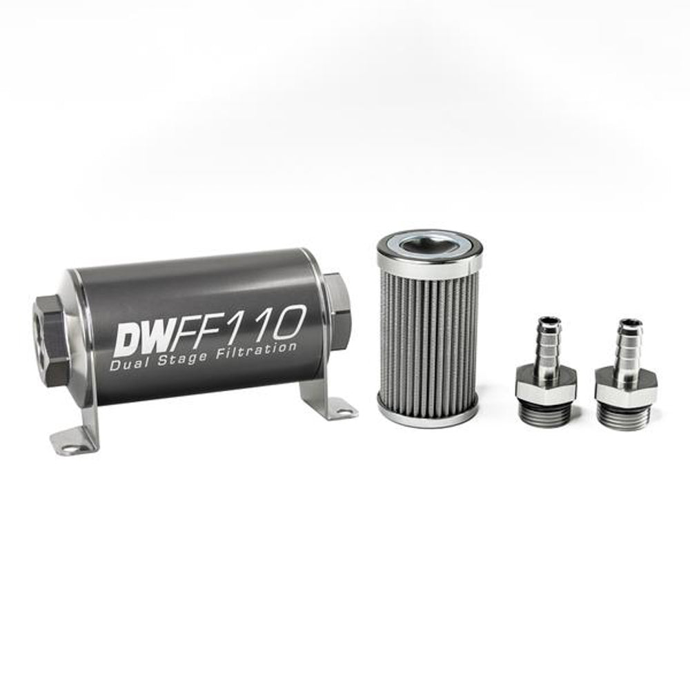 Deatschwerks Fuel Filter - In-Line - 100 Micron - Stainless Element - 3/8 in Male Hose Barb Inlet - 3/8 in Male Hose