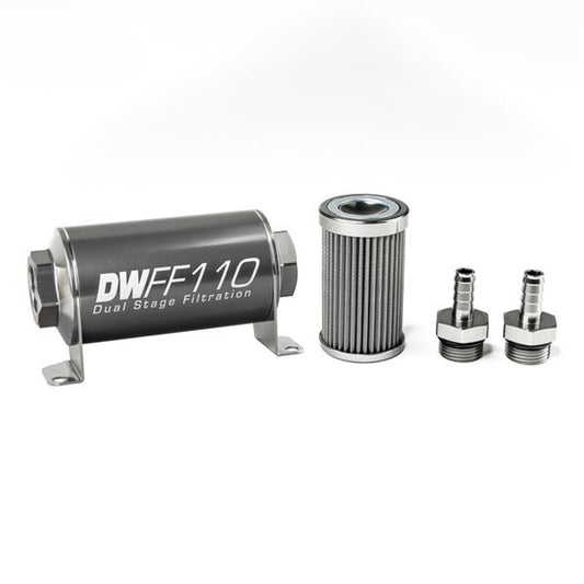 Deatschwerks Fuel Filter - In-Line - 100 Micron - Stainless Element - 3/8 in Male Hose Barb Inlet - 3/8 in Male Hose