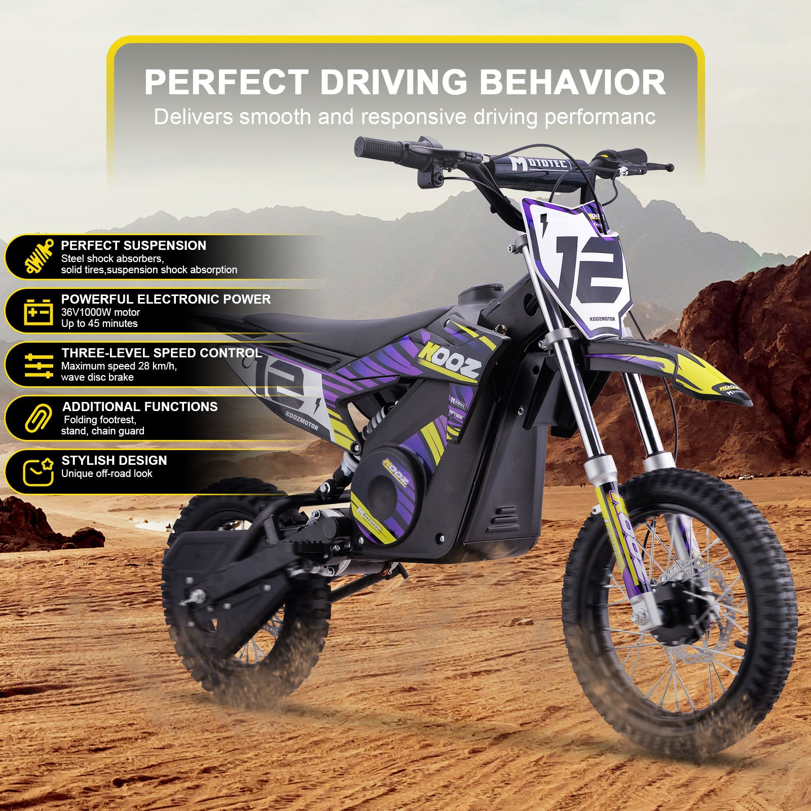 MotoTec 36V 1000W (HP112E) Electric Dirt Bike Purple - view 2