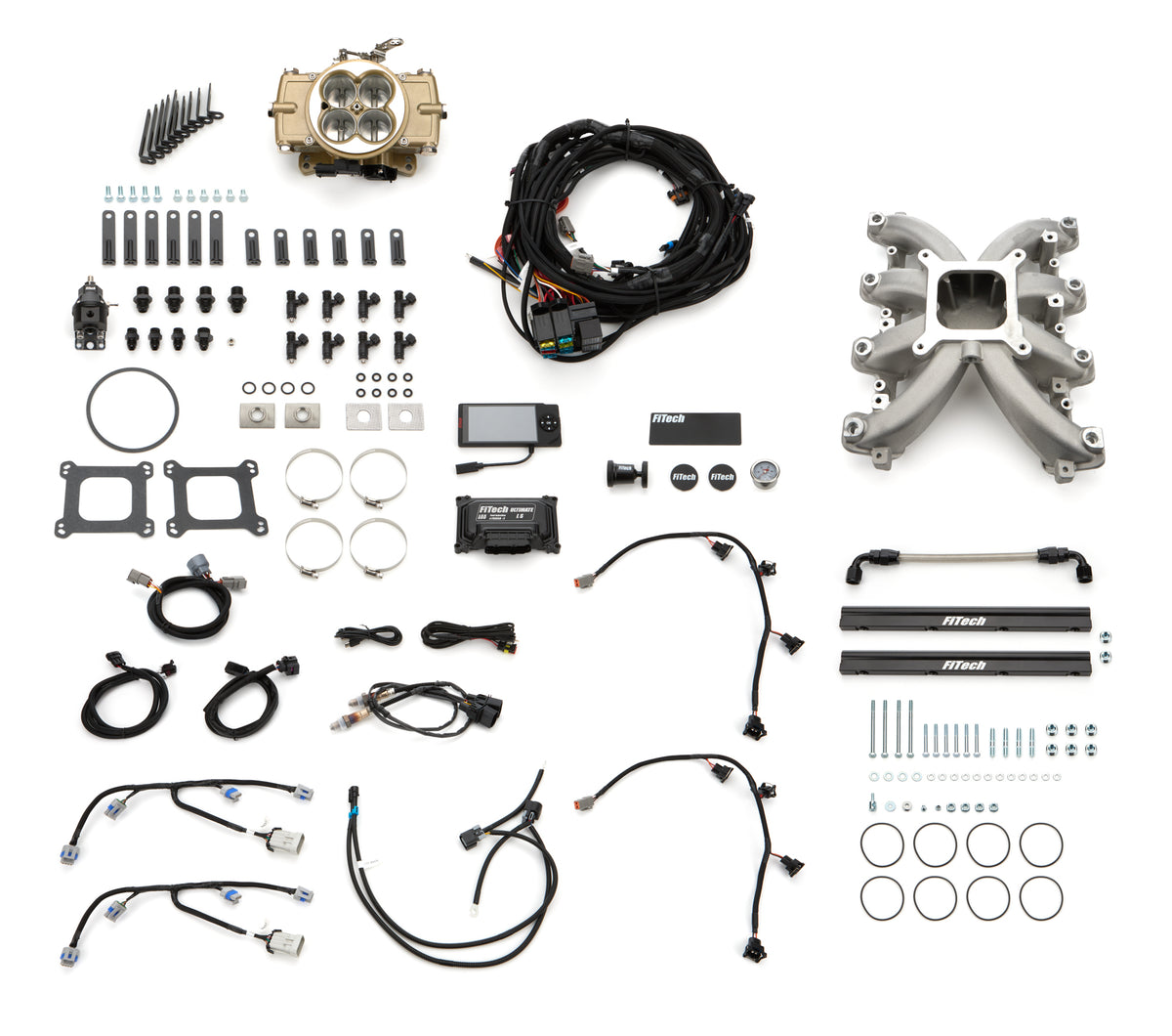 Fitech Fuel Injection Fuel Injection - Retro - Multi Port - 55 lb/hr Injectors - Square Bore - Aluminum - Gold Powder