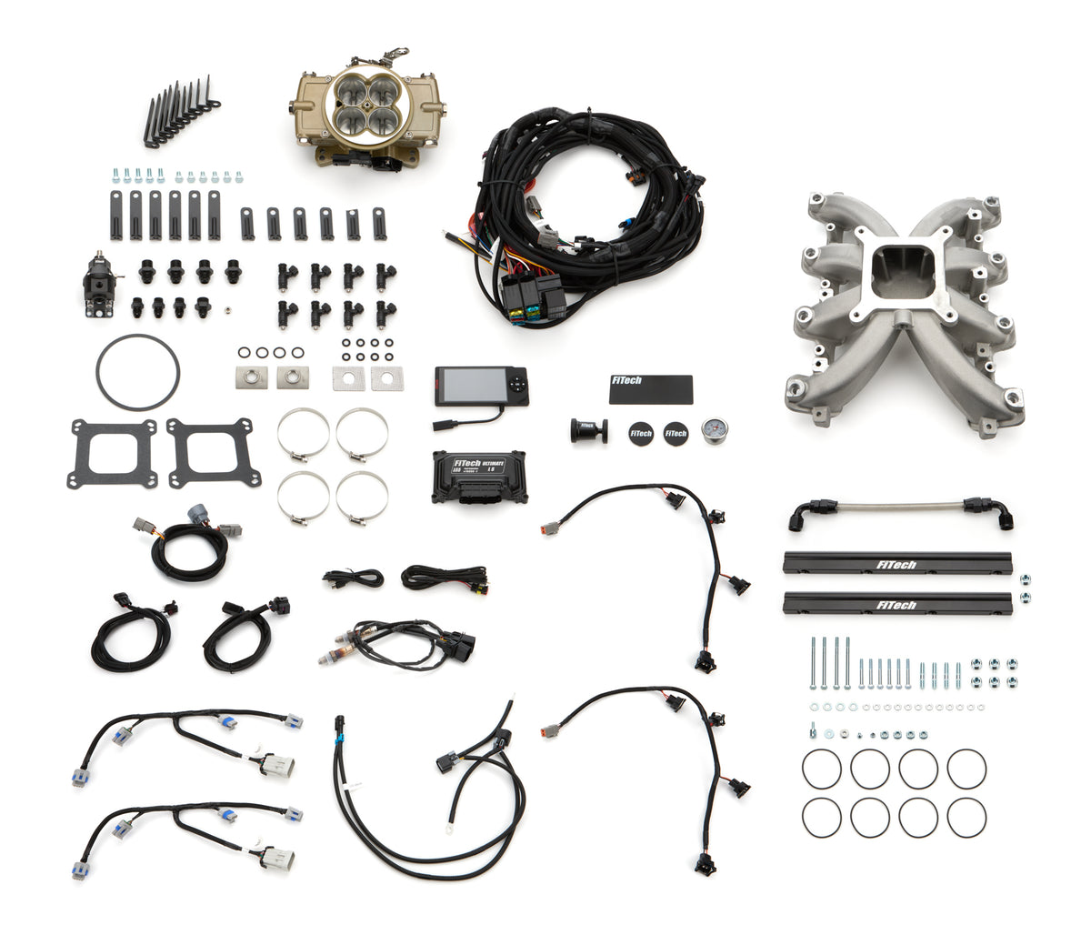 Fitech Fuel Injection Fuel Injection - Retro - Multi Port - 55 lb/hr Injectors - Square Bore - Aluminum - Gold Powder