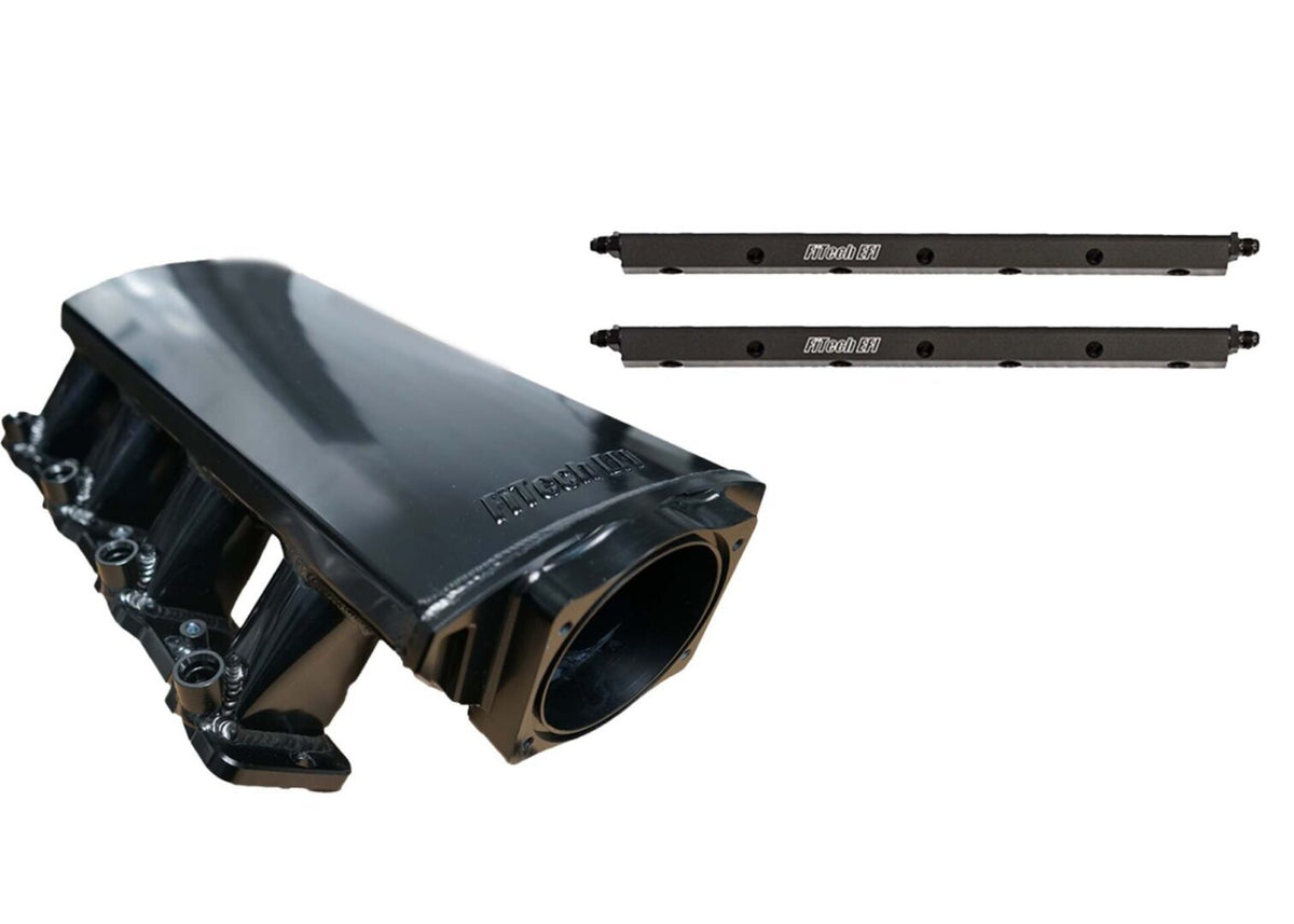 Fitech Fuel Injection Intake Manifold - Multi Port - Fuel Rails Included - Rectangle Port - Aluminum - Black Anodized