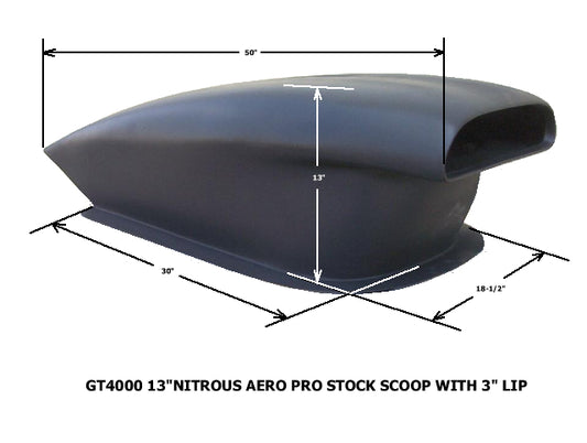 13" Nitrous Aero Pro Stock Fiberglass Scoop With 3" Lip; 50" L X 19 1/2" W X 13" Tall (Base 30"L X 18 1/2" W) - Glasstek