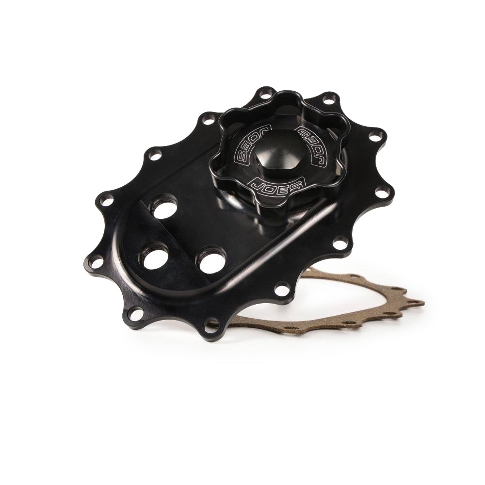 Joes Racing Products Fuel Cell Filler Plate - Oval - 12-Bolt - Screw-On - Cap - Vent - Aluminum - Black Anodized - Each