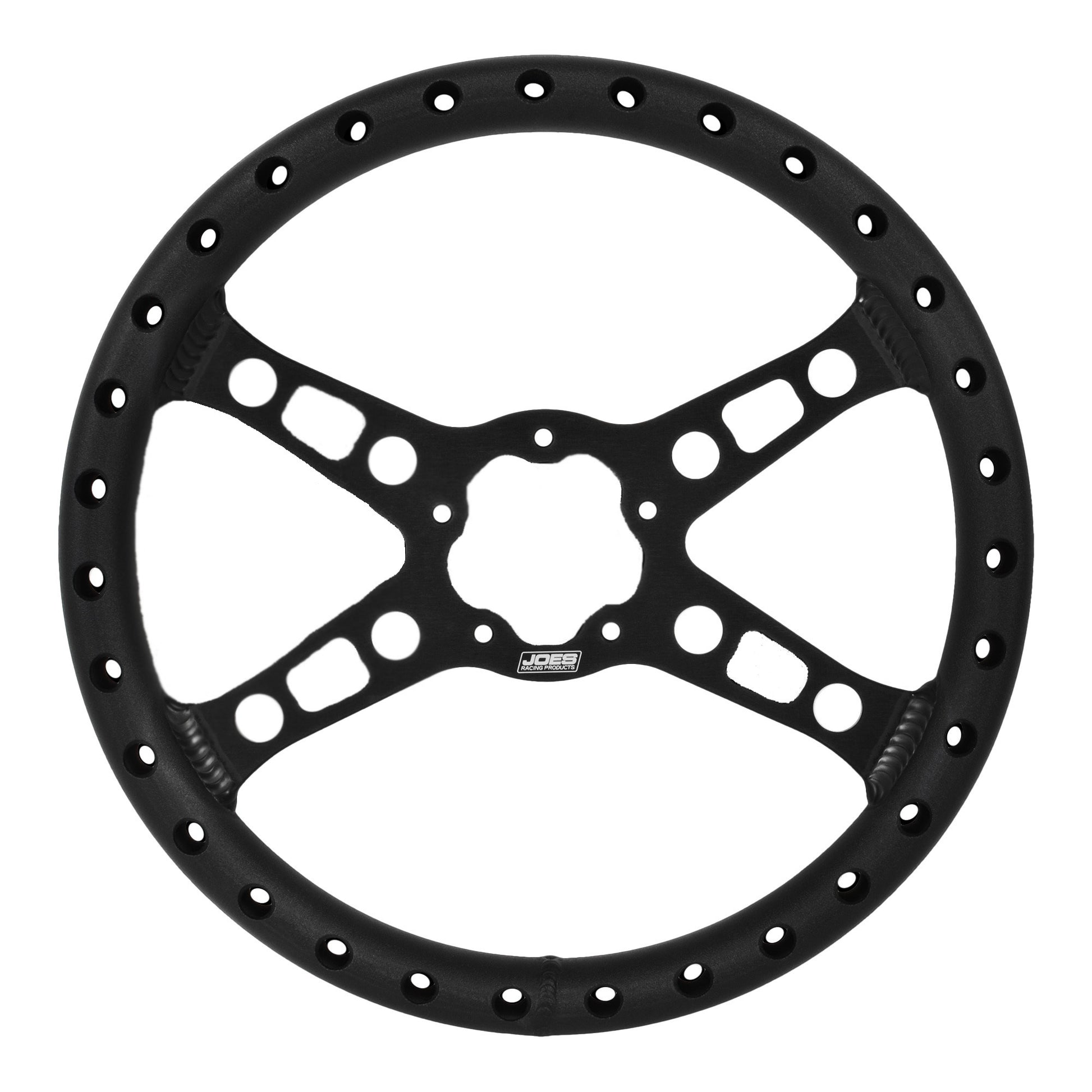Joes Racing Products Steering Wheel - Lightweight - 13 in Diameter - Flat - 4-Spoke - Drilled Grip - Aluminum - Black