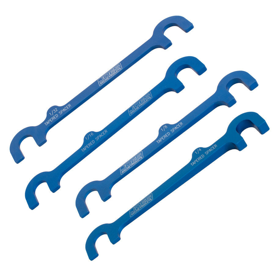 Joes Racing Products Control Arm Shims - Upper - Tapered - 6 in Center Spacing - 1/32-1/4 in - Aluminum - Blue