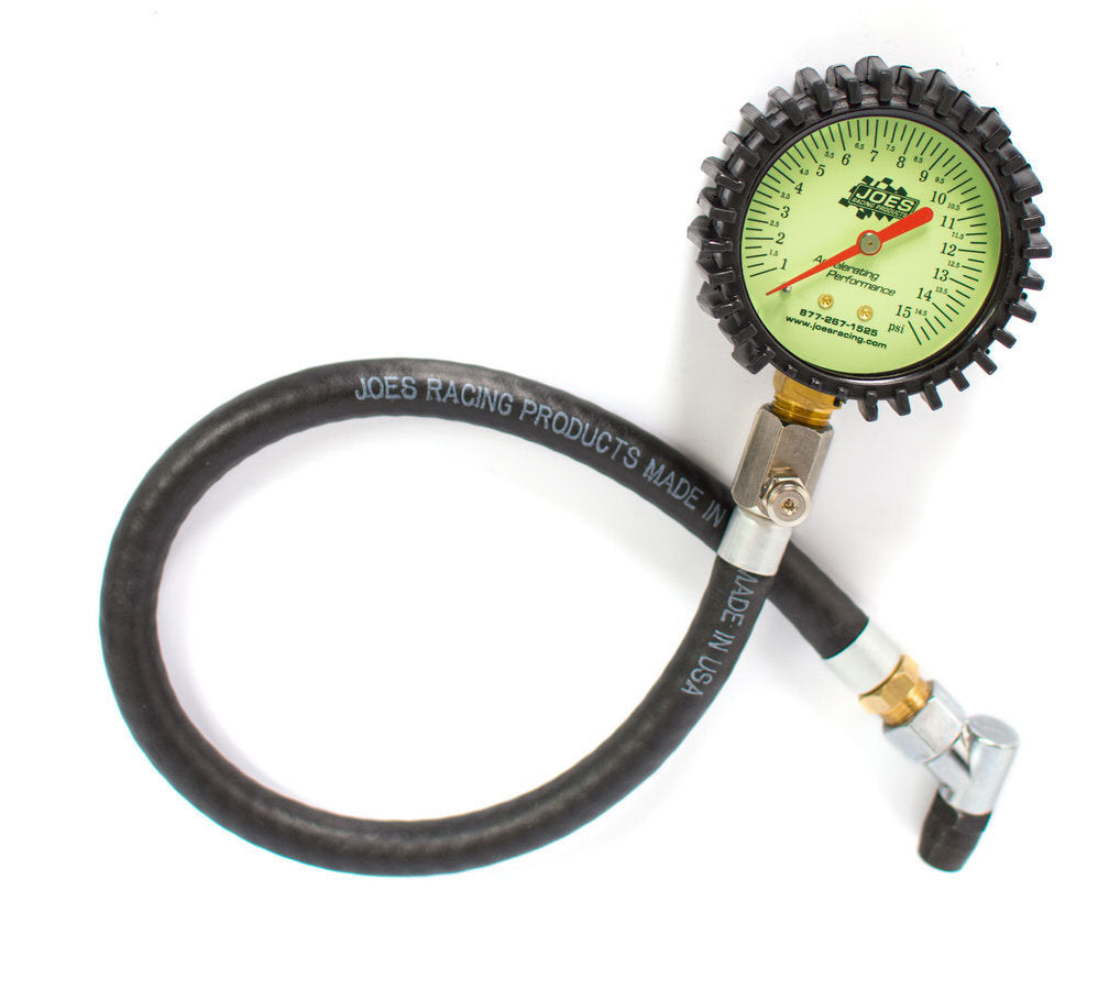 Joes Racing Products Tire Pressure Gauge - Glow in the Dark - 0-15 psi - Analog - 2-1/2 in Diameter - White Face - 1
