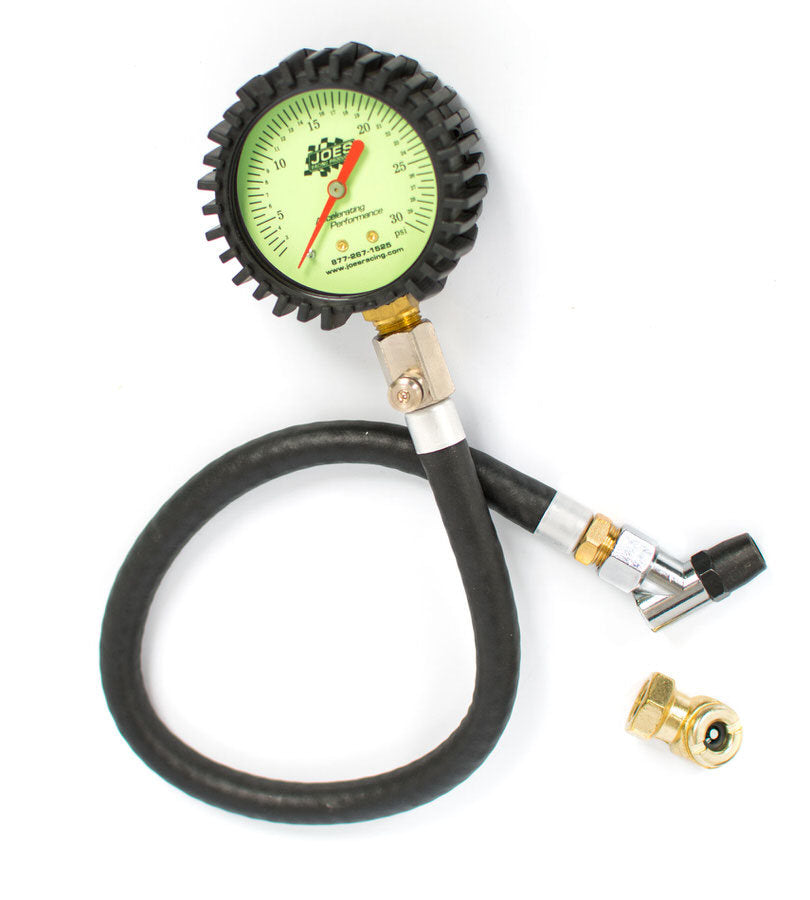 Joes Racing Products Tire Pressure Gauge - Glow in the Dark - 0-30 psi - Analog - 2-1/2 in Diameter - White Face - 1
